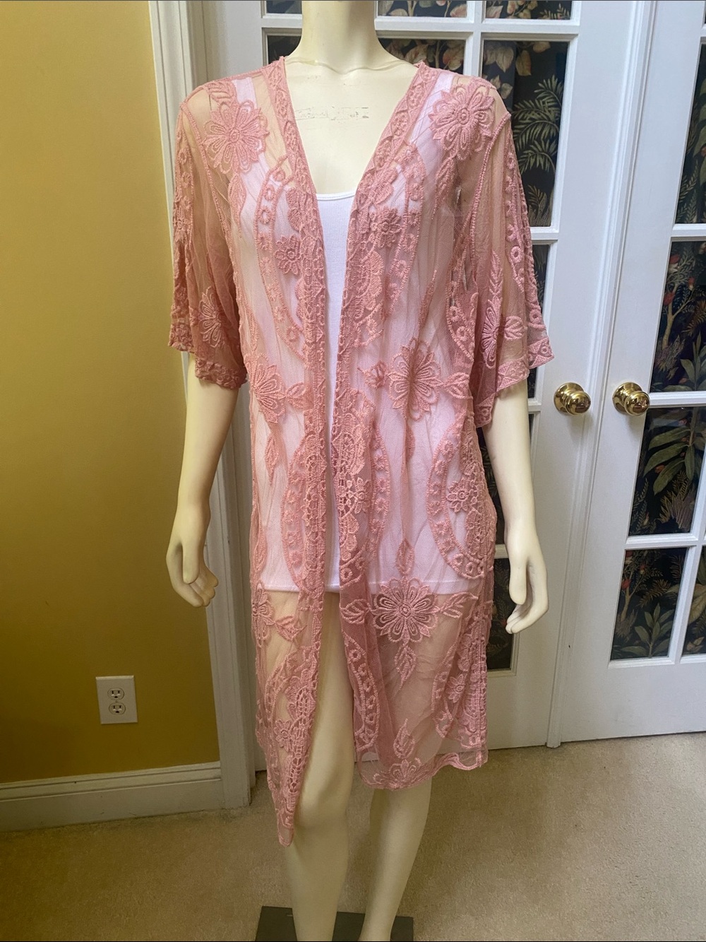 NWT Sheer Dusty Rose Pink Foral Lace Duster Kimono Coverup women's S/M